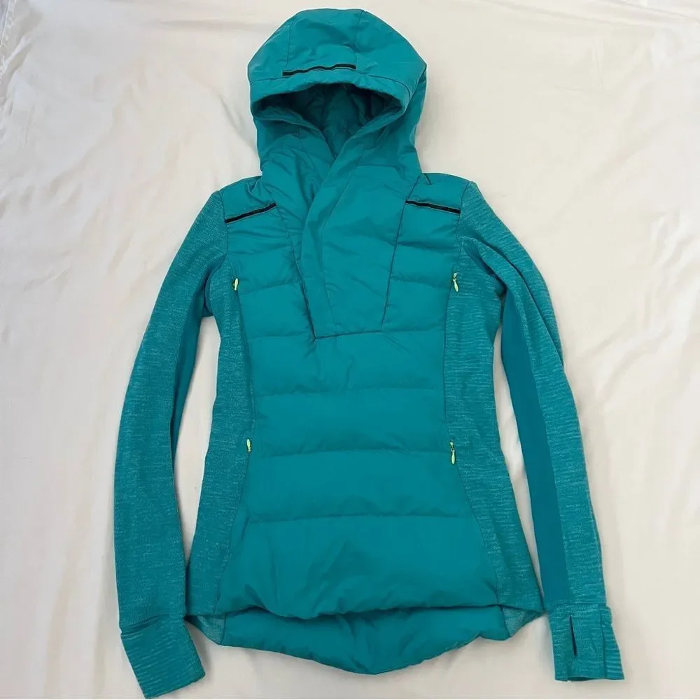 Lululemon Fluff Off Down Jacket Size 4 Pullover Puffer Hooded Blue Teal Goose - Picture 2 of 7